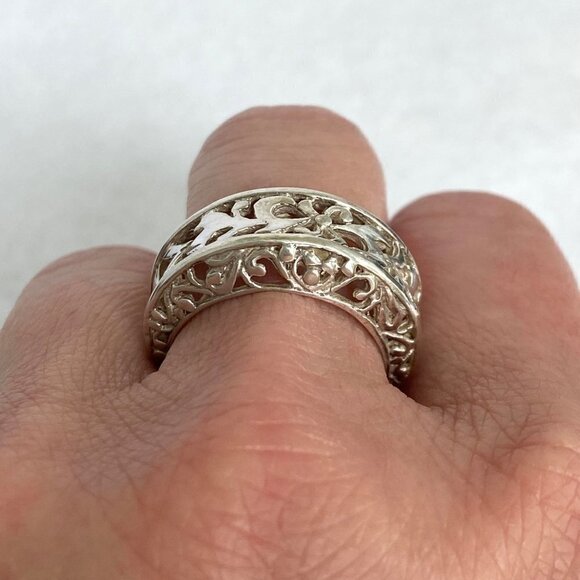 Sterling Silver 925 Filigree Openwork Scrollwork 10MM Wide Band Ring Sz 7.25 - Picture 11 of 16